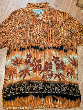 California Krush Men's XL Brown Hawaiian Tropical Floral Short Sleeve Button-Up